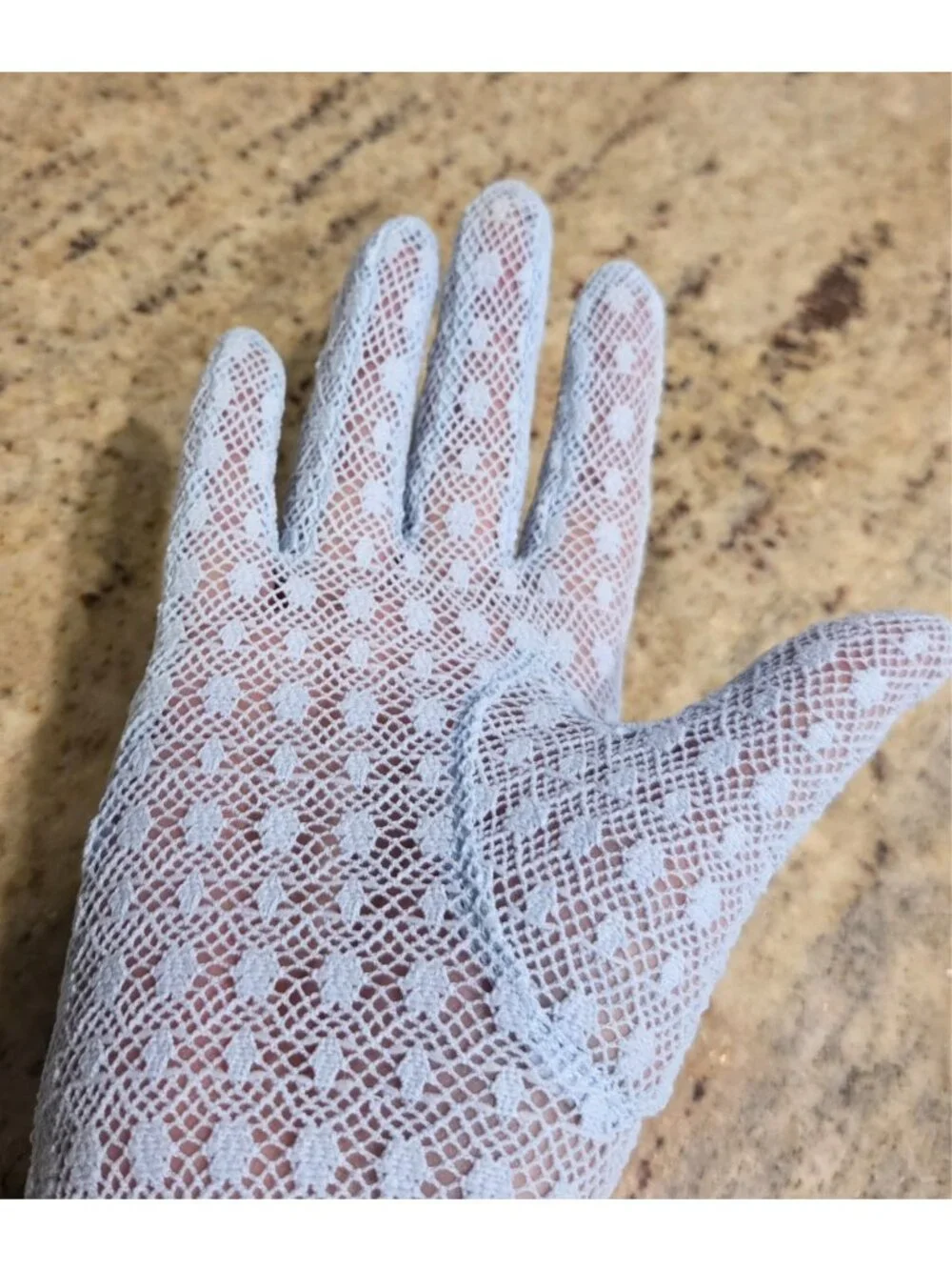 Vintage Womens Size S/M Blue Knit Lace Polkadot Stretch Nylon Formal Gloves